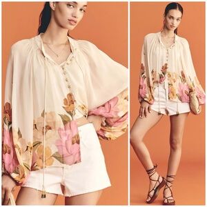 NWT Farm Rio Puff-Sleeve Boat-Neck Floral Blouse SZ M